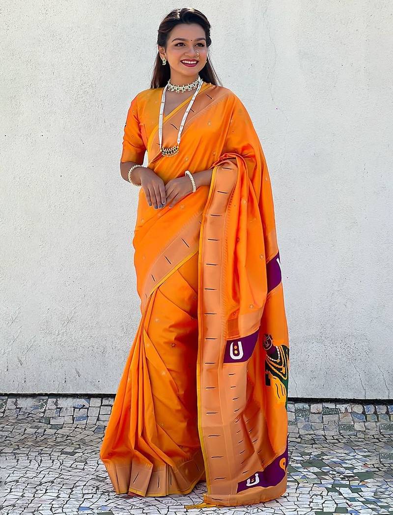 Yellow ethnic motifs woven design zari kanjeevaram saree