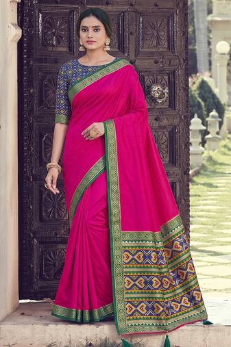 pink silk blend plain saree bordar work with printed blouse