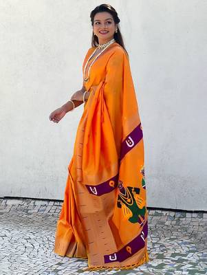 Yellow ethnic motifs woven design zari kanjeevaram saree 2