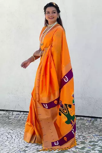 Yellow ethnic motifs woven design zari kanjeevaram saree