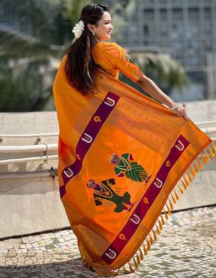 Yellow ethnic motifs woven design zari kanjeevaram saree 3