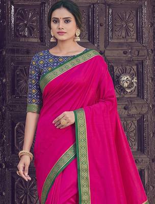 pink silk blend plain saree bordar work with printed blouse 2