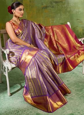 purple kanjivaram silk blend saree for women traditional festive party wedding saree 4
