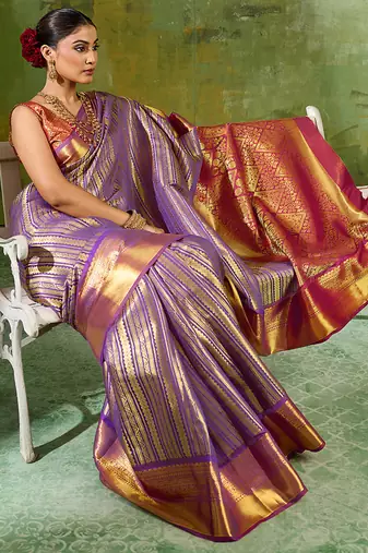purple kanjivaram silk blend saree for women traditional festive party wedding saree