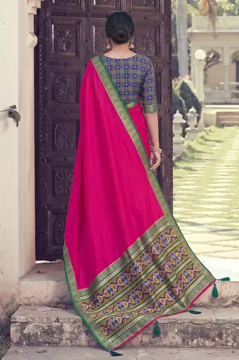 pink silk blend plain saree bordar work with printed blouse