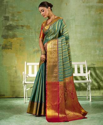 teal green kanjivaram silk blend saree for women festive traditional wedding party wear 2