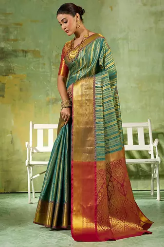 teal green kanjivaram silk blend saree for women festive traditional wedding party wear