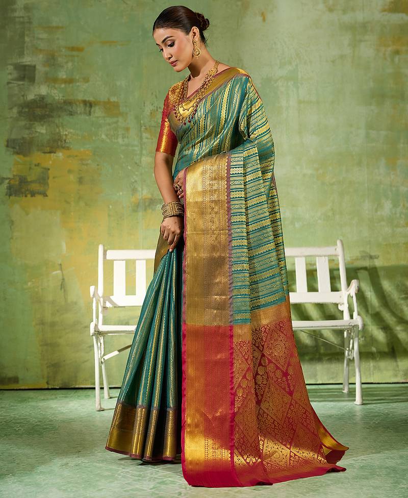 teal green kanjivaram silk blend saree for women festive traditional wedding party wear