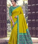 yellow silk blend plain saree bordar work with printed blouse