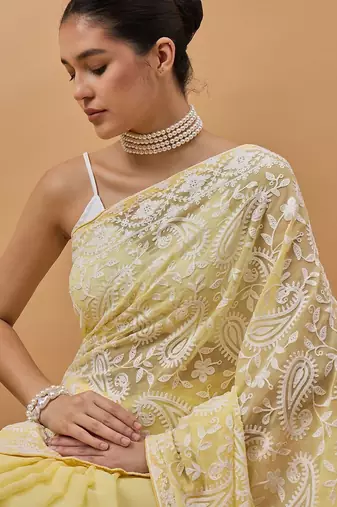 Yellow chikankari embroidered  georgette saree