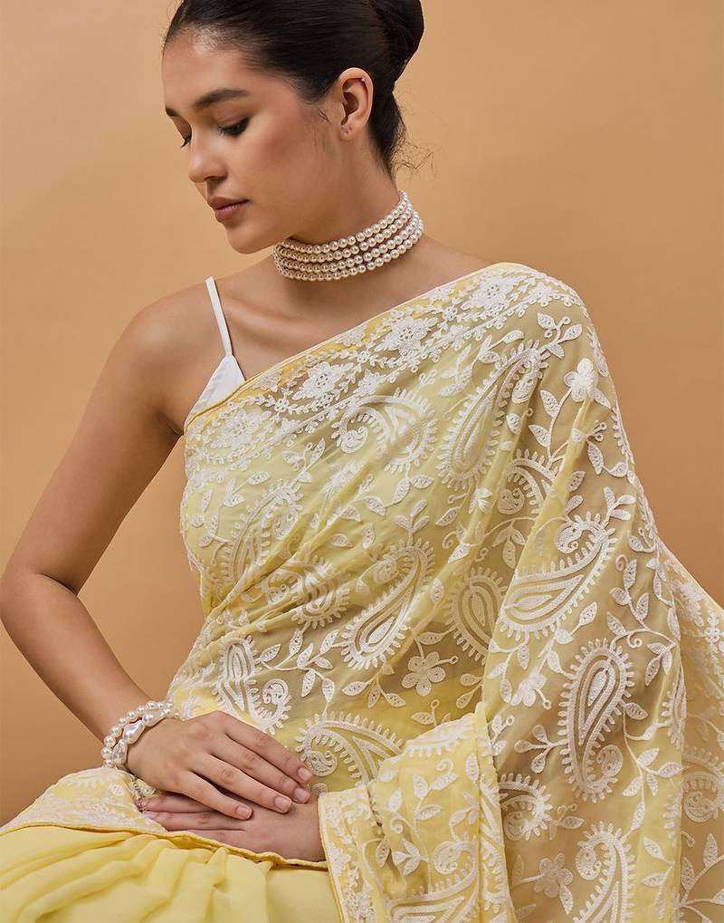 Yellow chikankari embroidered  georgette saree