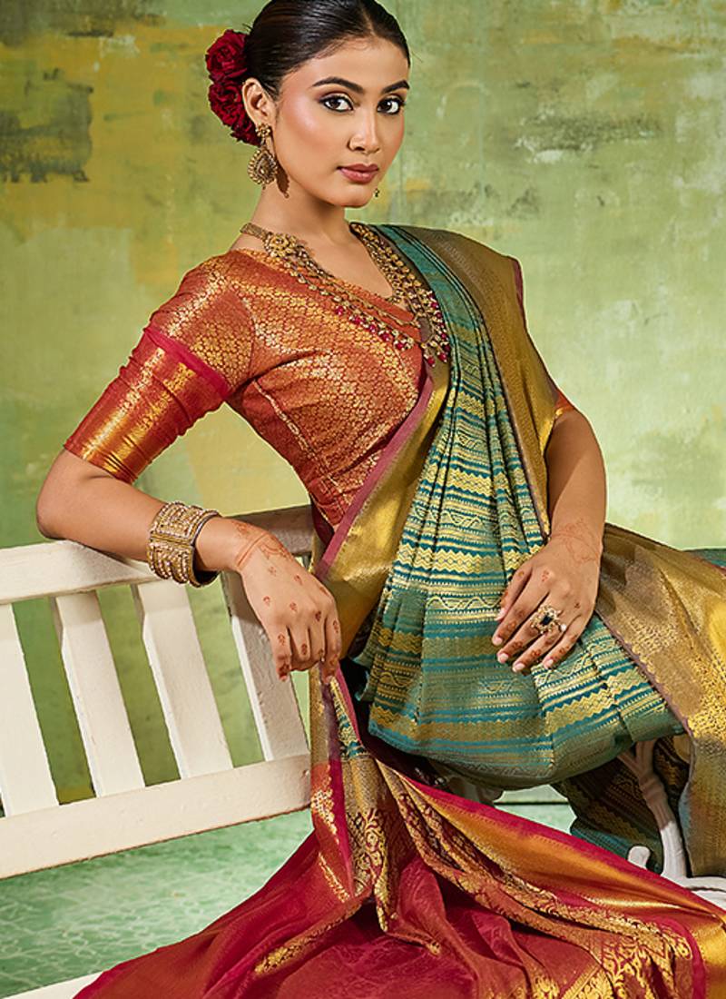 teal green kanjivaram silk blend saree for women festive traditional wedding party wear