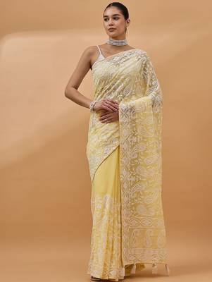 Yellow chikankari embroidered  georgette saree 2