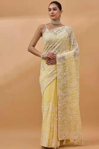 Yellow chikankari embroidered  georgette saree