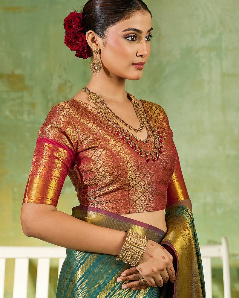 teal green kanjivaram silk blend saree for women festive traditional wedding party wear