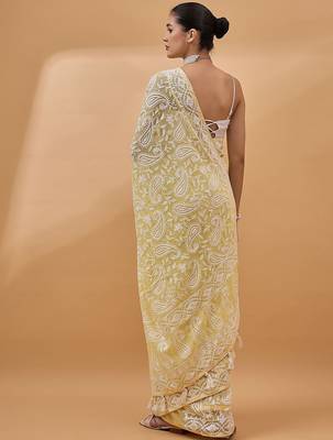 Yellow chikankari embroidered  georgette saree 3