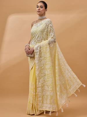 Yellow chikankari embroidered  georgette saree 4