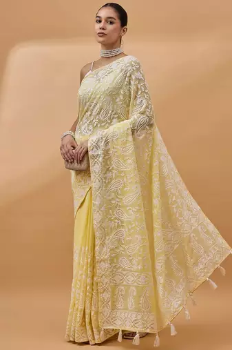 Yellow chikankari embroidered  georgette saree