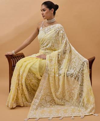 Yellow chikankari embroidered  georgette saree 5