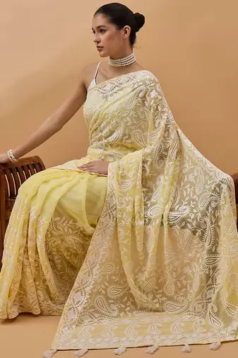 Yellow chikankari embroidered  georgette saree