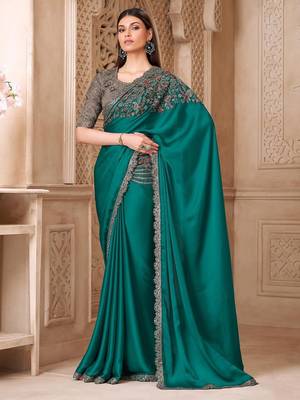 Teal embellished women floral embroidered sequinned heavy work saree 1