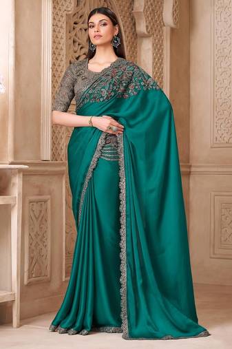 Teal embellished women floral embroidered sequinned heavy work saree