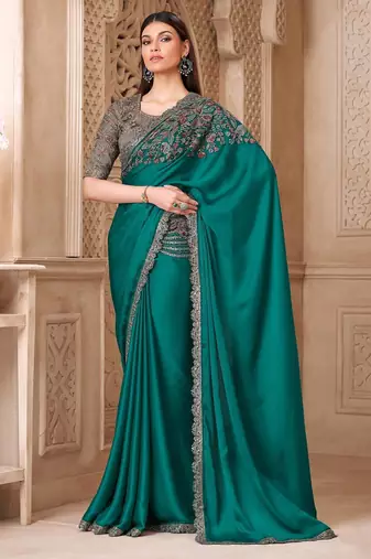 Teal embellished women floral embroidered sequinned heavy work saree