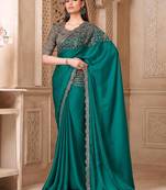 Teal embellished women floral embroidered sequinned heavy work saree