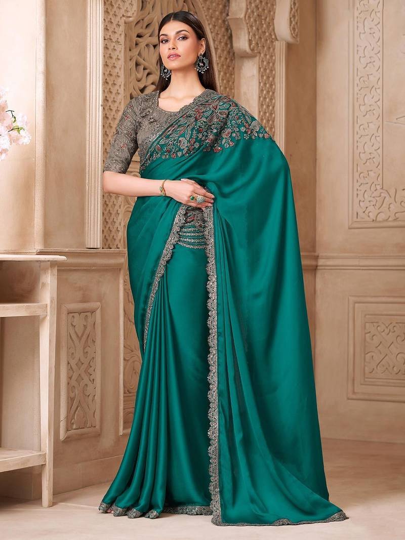 Teal embellished women floral embroidered sequinned heavy work saree