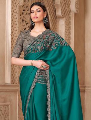 Teal embellished women floral embroidered sequinned heavy work saree 2