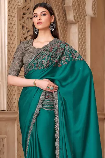 Teal embellished women floral embroidered sequinned heavy work saree