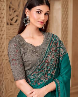 Teal embellished women floral embroidered sequinned heavy work saree 3