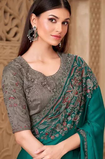 Teal embellished women floral embroidered sequinned heavy work saree