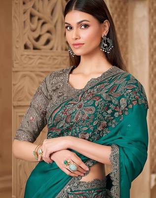 Teal embellished women floral embroidered sequinned heavy work saree 4