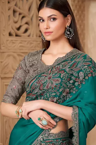 Teal embellished women floral embroidered sequinned heavy work saree