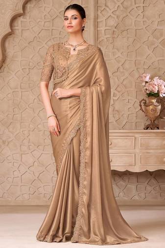 Gold embellished embroidered  georgette heavy work saree