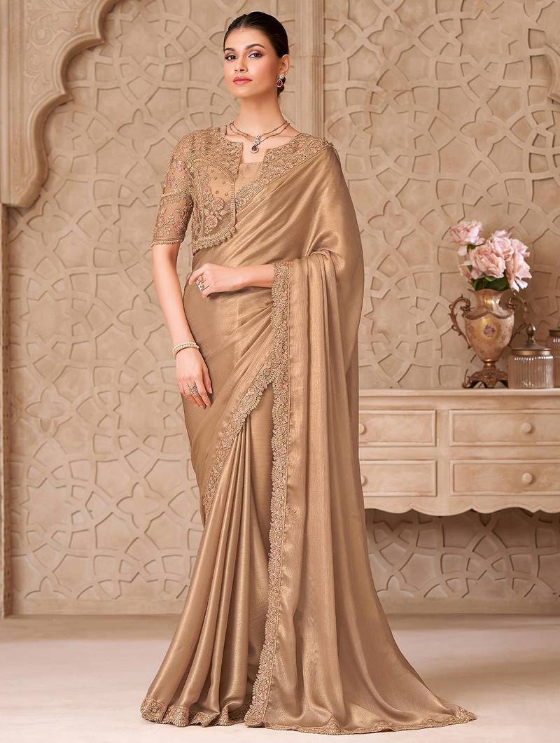 Gold embellished embroidered  georgette heavy work saree