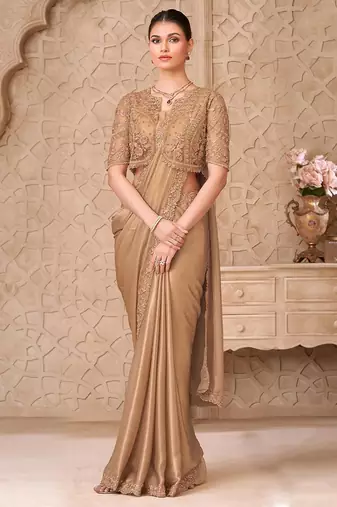 Gold embellished embroidered  georgette heavy work saree