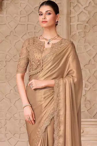 Gold embellished embroidered  georgette heavy work saree