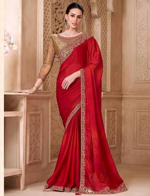 Red ethnic motifs embroidered satin heavy work saree 1