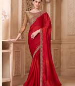 Red ethnic motifs embroidered satin heavy work saree