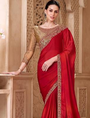 Red ethnic motifs embroidered satin heavy work saree 2