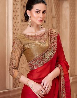 Red ethnic motifs embroidered satin heavy work saree 3