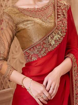Red ethnic motifs embroidered satin heavy work saree 4