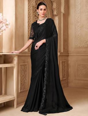 Black embellished sequinned  georgette heavy work saree 1