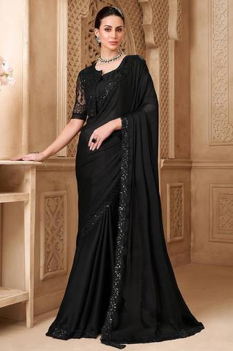 Black embellished sequinned  georgette heavy work saree