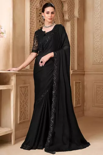 Black embellished sequinned  georgette heavy work saree