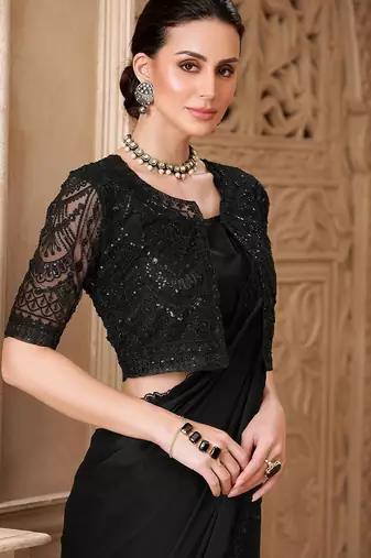 Black embellished sequinned  georgette heavy work saree