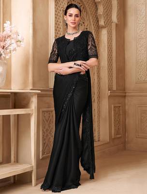 Black embellished sequinned  georgette heavy work saree 3