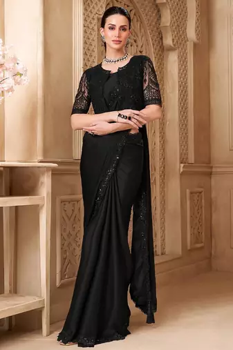 Black embellished sequinned  georgette heavy work saree